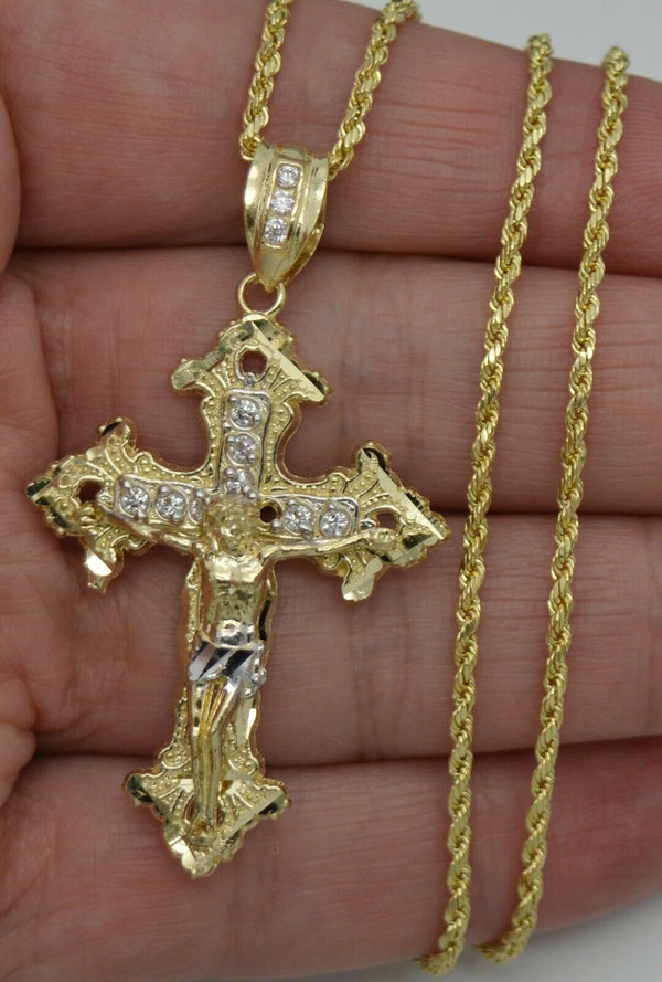 Real 10k Yellow Gold CZ Jesus Christ Crucifix Cross Pendant + Chain 16''-24''