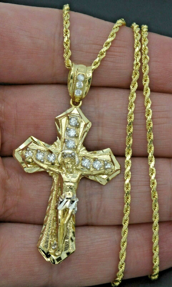 Real 10k Yellow Gold CZ Jesus Christ Crucifix Cross Pendant + Chain