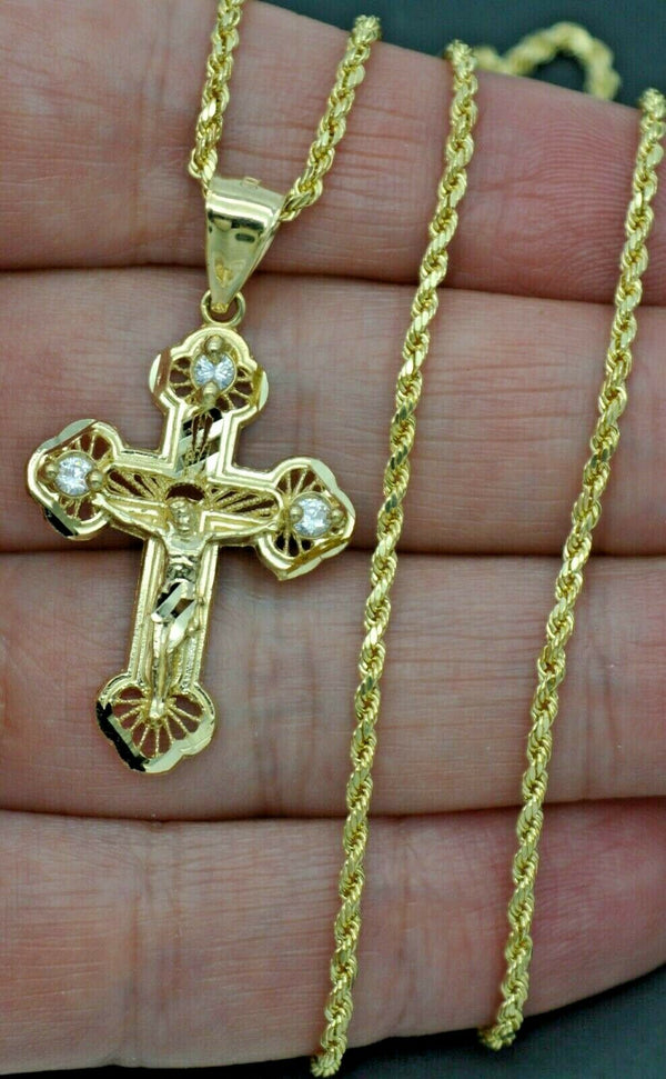 Real 10k Yellow Gold CZ Jesus Crucifix Cross Pendant + Chain 16"-24"