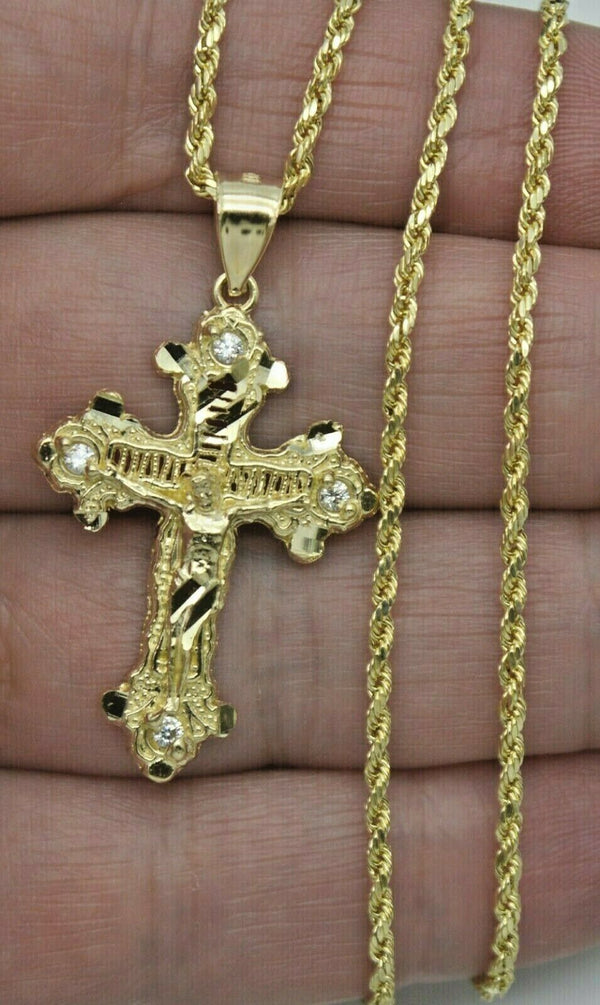 Real 10k Yellow Gold CZ Jesus Crucifix Cross Pendant + Rope Chain 16''-24''