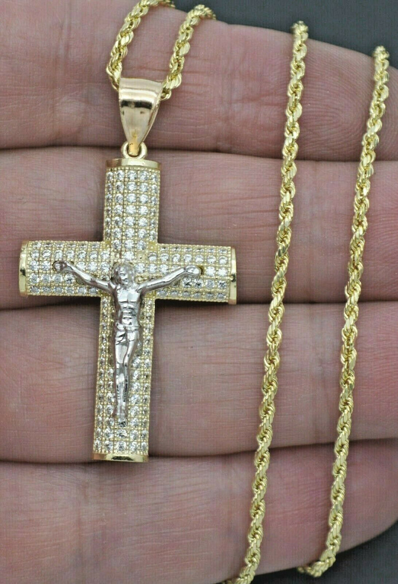 Real 10k Yellow Gold CZ Jesus Christ Crucifix Cross Pendant 1.73" + Chain 16''-24''