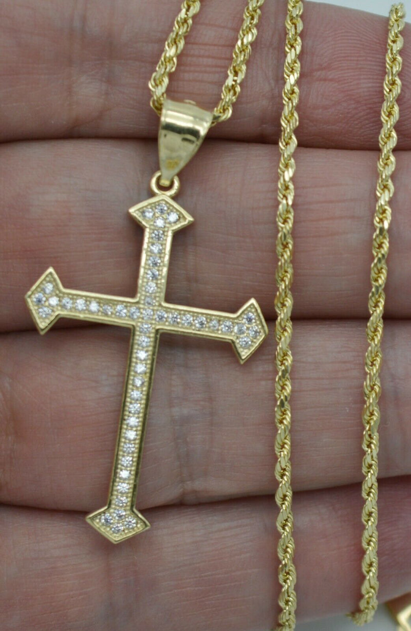 Real 10k Yellow Gold CZ Jesus Christ Crucifix Cross Pendant 1.75" + Chain 16''-24''