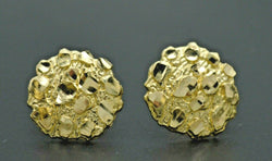 Real 10K Yellow Gold Round Diamond Cut Nugget Stud Earrings 12.1mm