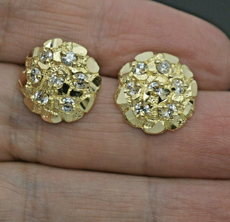 Real 10K Yellow Gold C Z Round Nugget Stud Diamond Cut Earrings 15mm.jpg