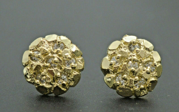 Real 10K Yellow Gold C Z Round Nugget Stud Diamond Cut Earrings 11mm.jpg