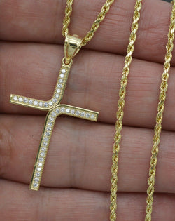 Real 10k Yellow Gold Cross CZ Pendant 1.65" + Chain 16"-24"