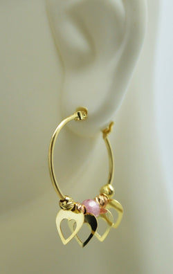 Real 14K Yellow Gold Hoop Dangling Movable Heart  Pink Bead Earrings 25.8mm