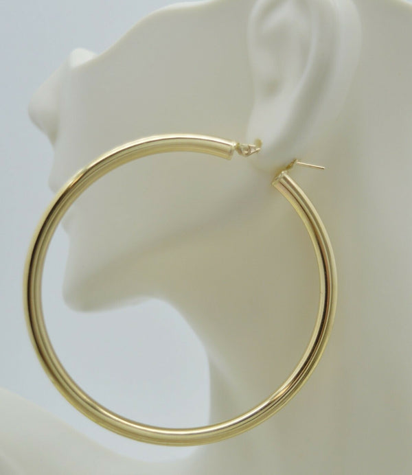 Real 14K Yellow Gold Extra Large Hoop Shiny Earrings 60mm x4mm 6.4gr