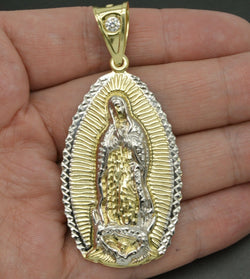 Real 10K Yellow White Gold Lady Guadalupe Virgin Mary Pendant Charm Diamond Cut