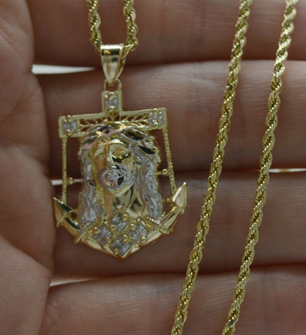 Real 10K Yellow Gold CZ Jesus Head Anchor Diamond Cut Pendant + Chain 16"-24"