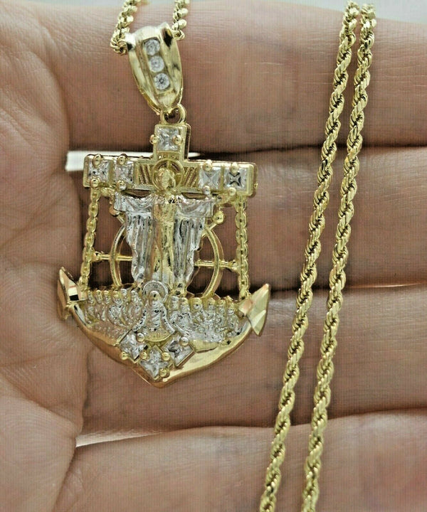 Real 10K Yellow Gold Last Supper Jesus Head Anchor Pendant + Chain 16"-24"