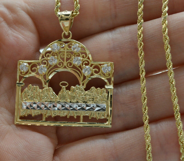 Real 10K Yellow Gold CZ Last Supper Diamond Cut Pendant + Chain 16"-24"