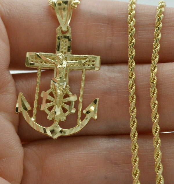 Real 10K Yellow Gold Jesus Body Anchor Diamond Cut Pendant + Chain 16"-24"