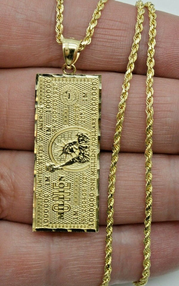 Real 10k Yellow Gold Diamond Cut One Million Dollar Bill Pendant + Chain 16"-24"