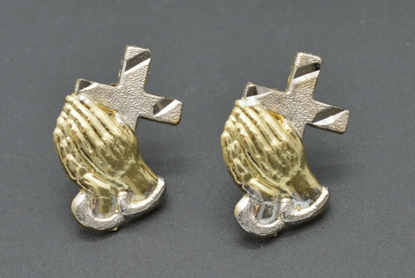 Real 10K Yellow White Gold Two-Tone Praying Hands with Cross Stud Earrings 2.1gr