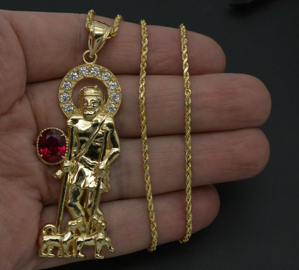 Real 10K Yellow Gold St. Lazarus Religious CZ Pendant 9.3 gr + Chain 16"-24"