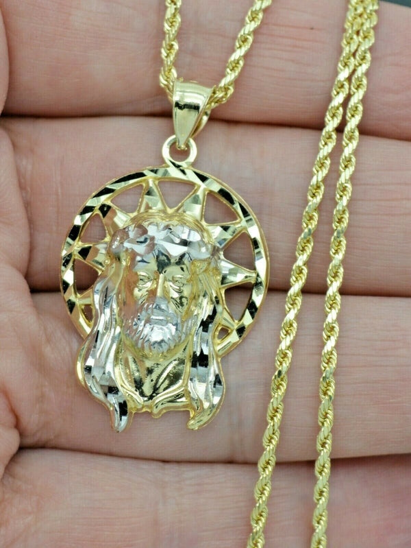 Real 10K Yellow Gold Jesus Head Diamond Cut Pendant 4.1gr + Chain 16"-24"