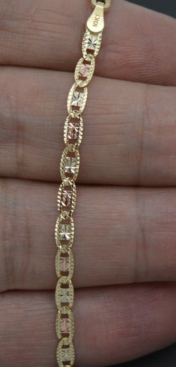 Real 10k Tri-Color Gold 3mm Valentino link Diamond Cut Bracelet 7"