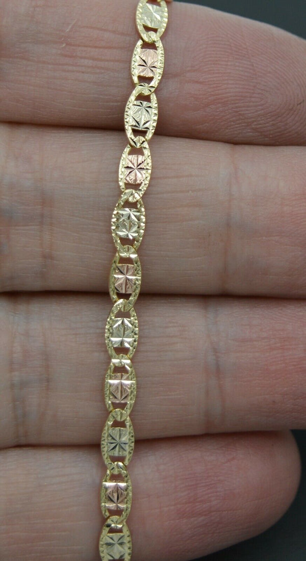 Real 10k Tri-Color Gold 3.5mm Valentino link Diamond Cut Bracelet 7"