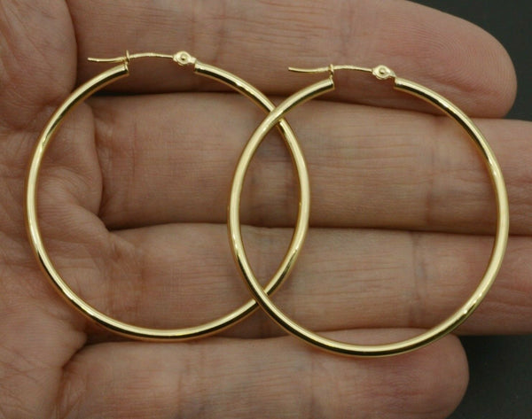 14k Solid Yellow Gold "Large" Plain Round hoop Earrings 40mm x2MM 1.7GR