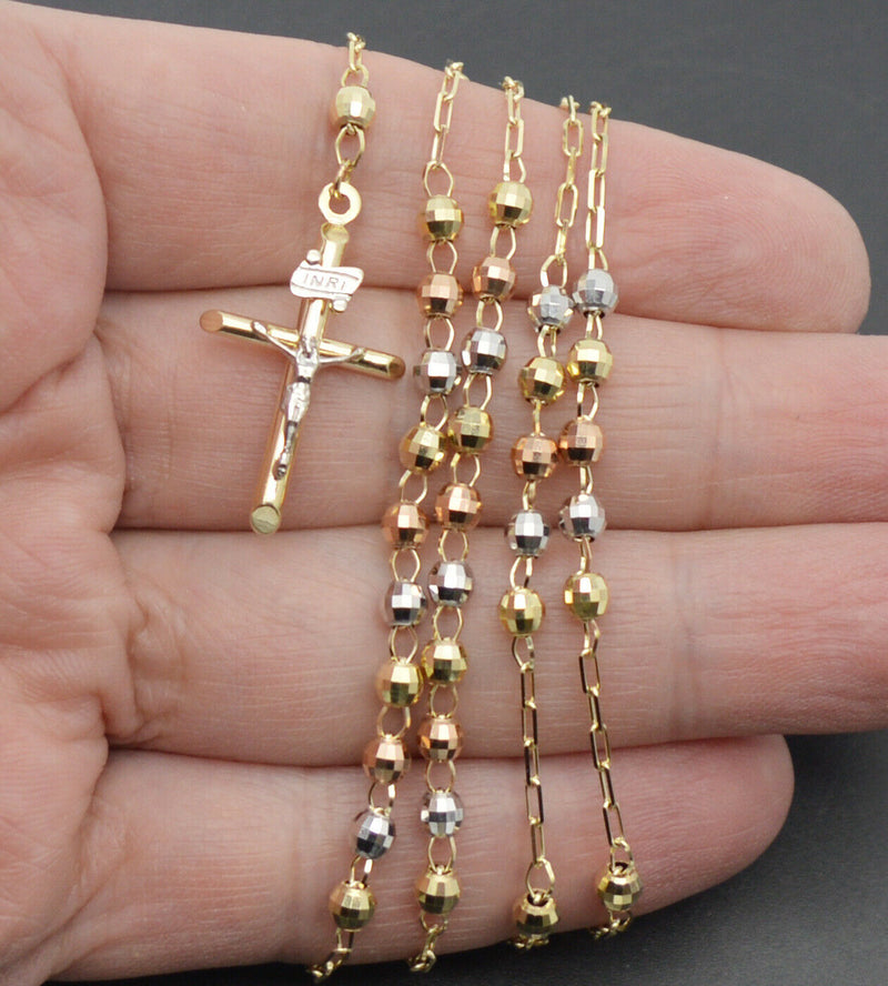 10K Yellow Gold 2.5MM Crucifix Cross Rosary Bead Chain Necklace Pendant 18