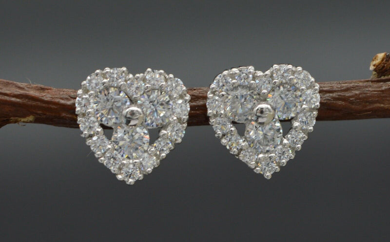 JM184 14K Solid White Gold Round Created Diamond Cluster Heart Stud Earrings