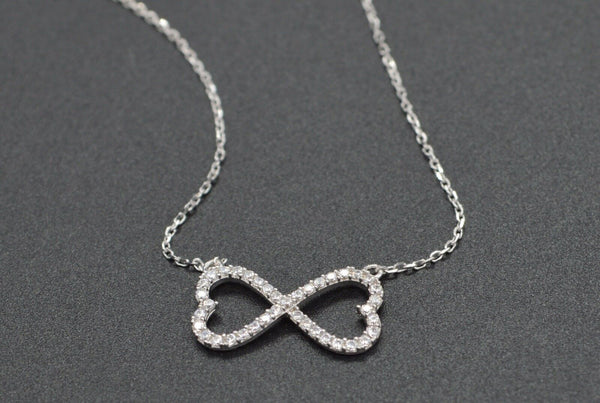 14K White Solid Gold Created Diamond 0.20ct Heart Infinity Pendant Chain