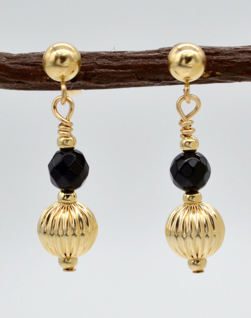 14K Solid Gold Faceted Onyx Black & Corrugated Beaded Drop Earrings