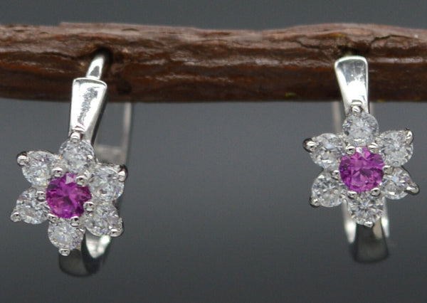 14K Solid White Gold 11mm Ruby Cubic Zirconia CZ Flower Huggie Earrings