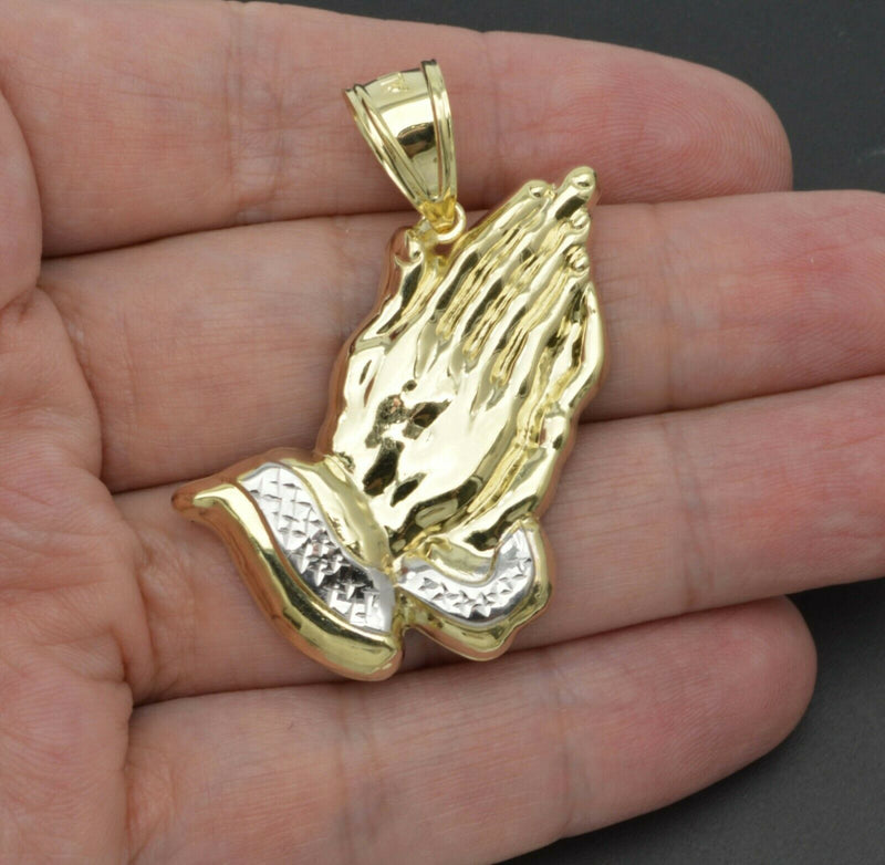 Real 10k Yellow Gold Diamond Cut Praying Hands Pendant 1.85'' 4.7gr