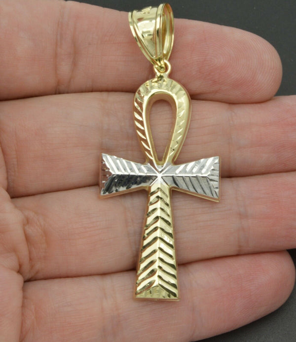 10K Yellow Gold 250" Ankh Cross Diamond Cut Pendant Charm