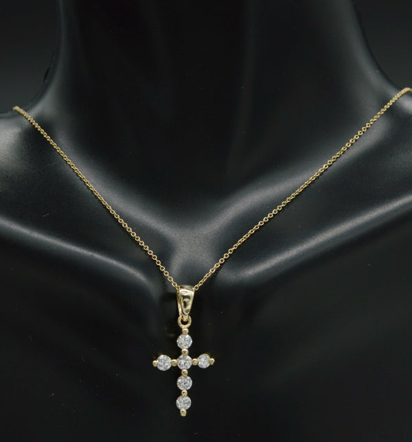 14K Solid Yellow Gold Round Created Diamond Cross Pendant + Cable Chain