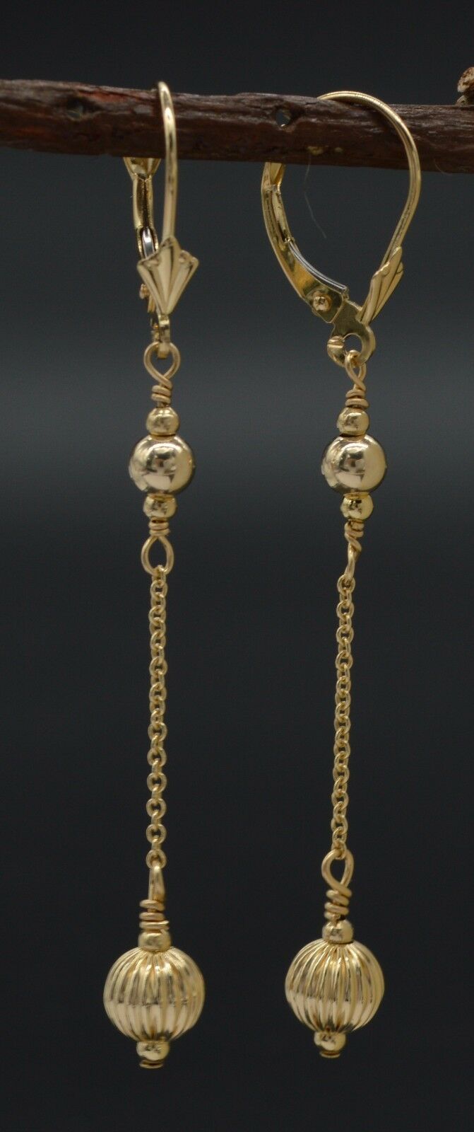 14K Solid Yellow Gold Round Bead Corrugated Dangle Leverback Earrings