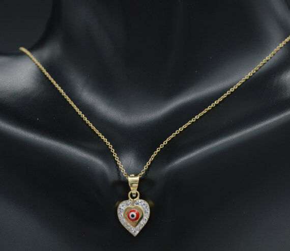 14K Solid Yellow Gold RED Evil Eye Heart Pendant Good Luck Charm
