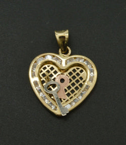 14k Solid Gold Dangling key and heart love cz Charm  Pendant +18 Chain