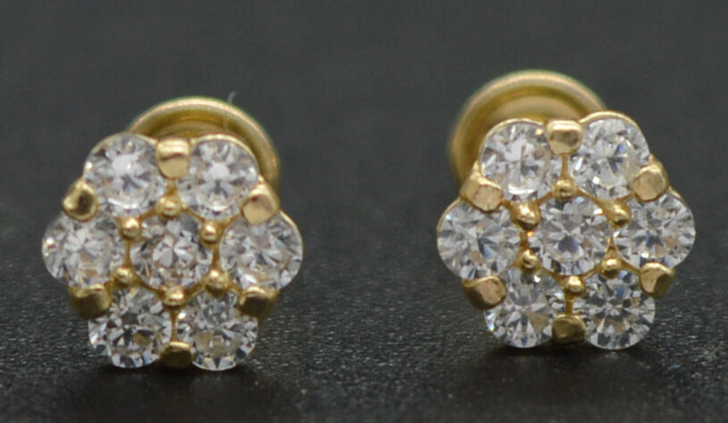 14k Solid Yellow Gold Created Diamond Floral Stud Earrings ScrewBack