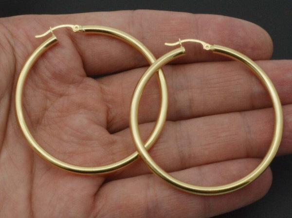 14k Solid Yellow Gold big Large High Polished hoop Earrings. 50mm x 3MM