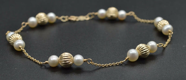 14K Solid Yellow Gold Cultured Pearl & Corrugated Ball Bead Bracelet 8".jpg