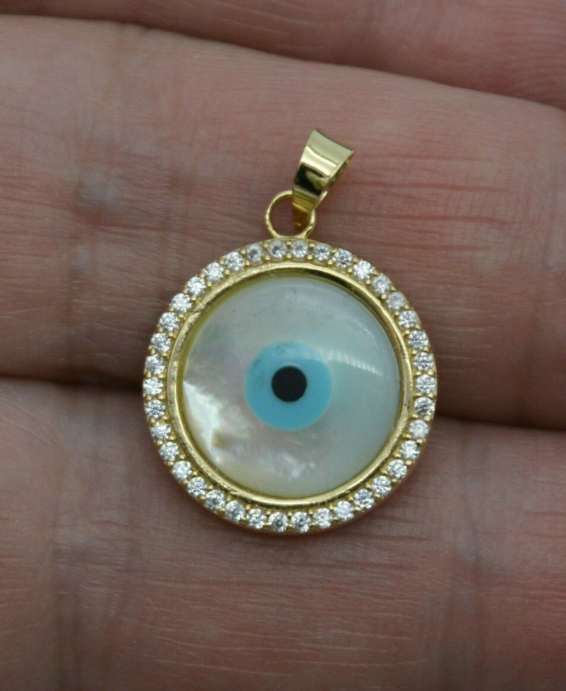 14k Solid Gold Round Evil Eye Luck Mother-Of-Pearl Charm Pendant +18 Chain