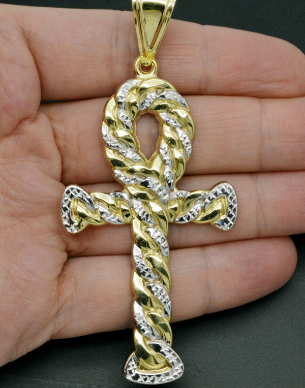 4" Real 10K Yellow Gold Huge Ankh Cross Jesus Miami Cuban Pendant Charm 9.5gr