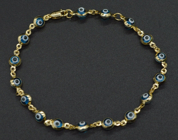 14K Yellow Solid Gold 6" Children's New blue Color Evil Eye Bracelet 2.3g.jpg