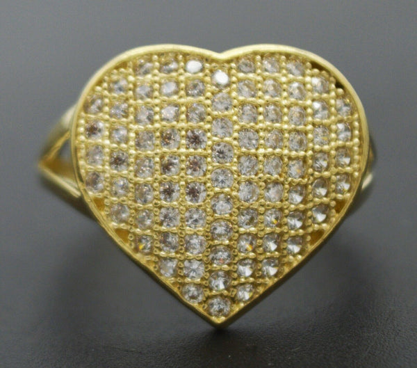 Real Solid 10K Yellow Gold 17mm Women's Full Heart CZ Engagement Ring All Sizes