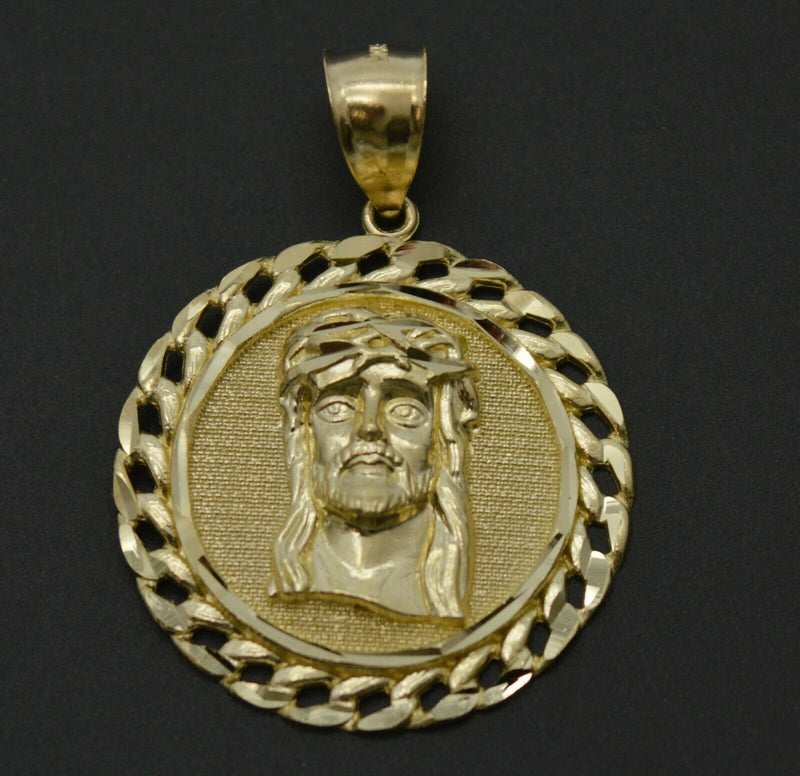 Real 10k Yellow Gold Cuban Bordered Diamond Cut 3D Jesus Head Pendant