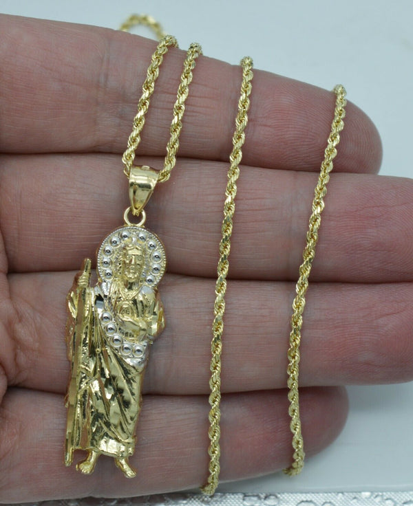 Real Solid 10K Yellow Gold Saint Lazarus Diamond Cut Pendant + Chain 16''-24''