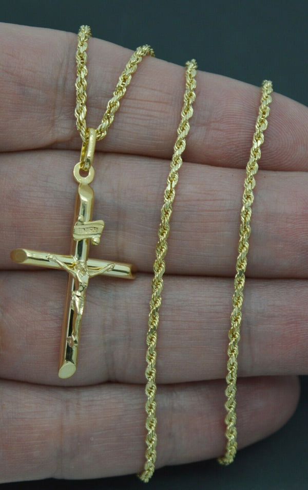 Real 10k Yellow Gold Jesus Christ Crucifix Cross Pendant + Chain