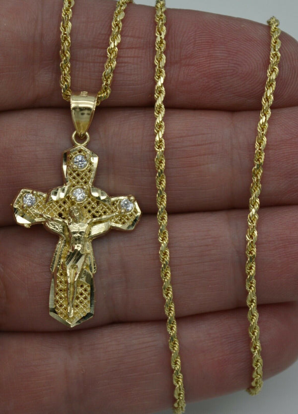 Real 10k Yellow Gold CZ Jesus Crucifix Cross Filigree Pendant + Chain 16"-24"