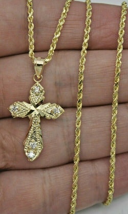 Real 10k Yellow Gold CZ  Cross Filigree Pendant + Chain 16''-24''