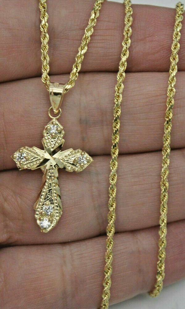 Real 10k Yellow Gold CZ  Cross Filigree Pendant + Chain 16''-24''