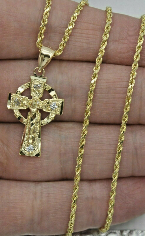 Real 10k Yellow Gold Irish Celtic Jesus Crucifix Cross Pendant + Chain 16''-24''