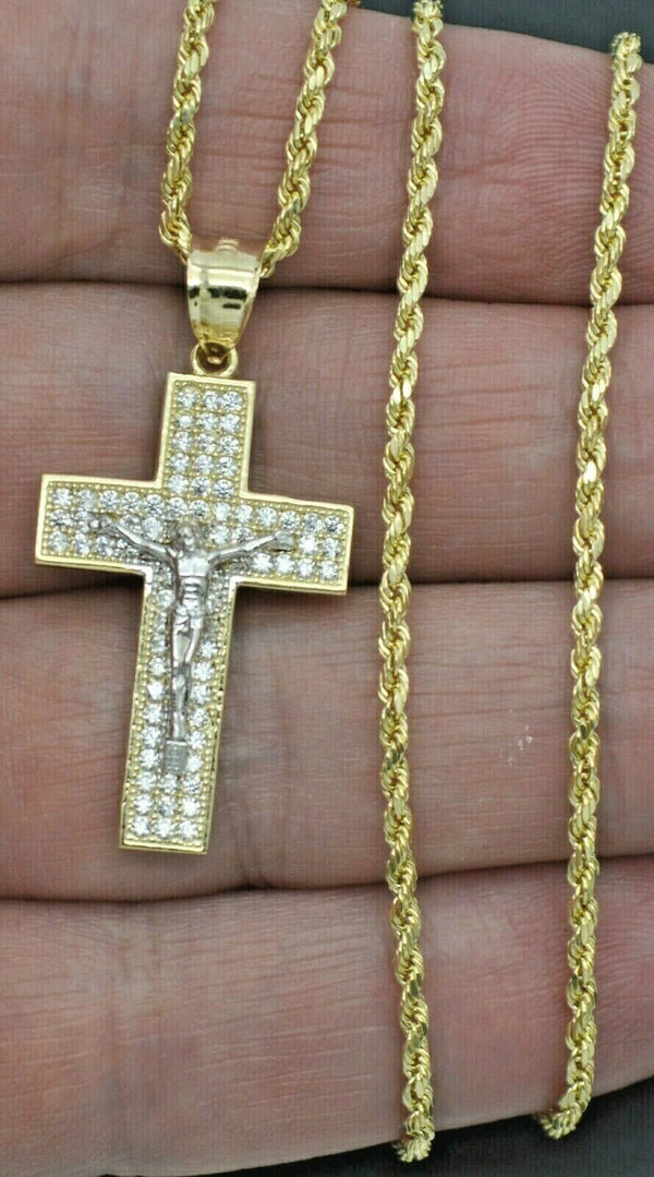 Real 10k Yellow Gold CZ Jesus Christ Crucifix Cross Pendant 1.45" + Chain 16''-24''